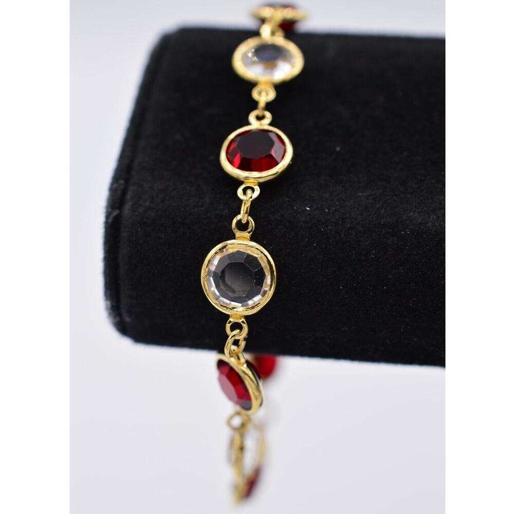 Vintage Open Bezel Crystal Bracelet Chain Gold Red Clear Linked 8" 1980s BinAD
